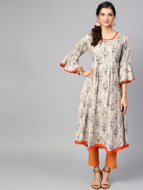 

Ives Women Grey & Off-White Floral Printed A-Line Kurta