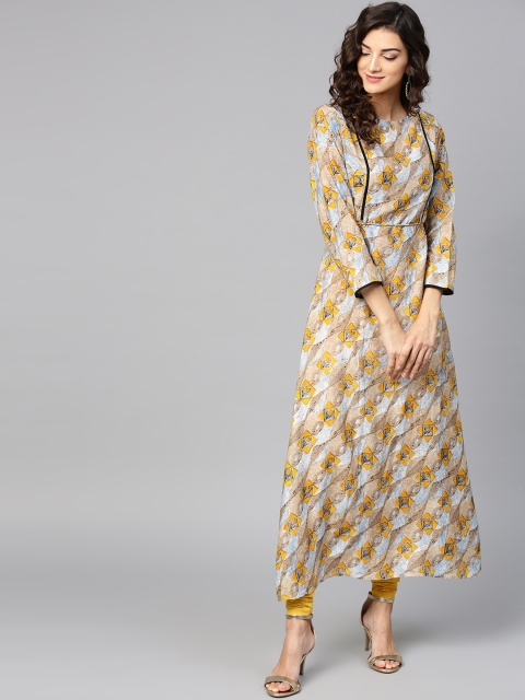 

Ives Women Taupe & Yellow Printed A-Line Kurta