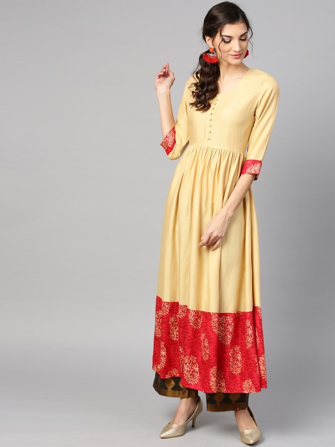 

Ives Women Beige & Red Solid A-Line Kurta