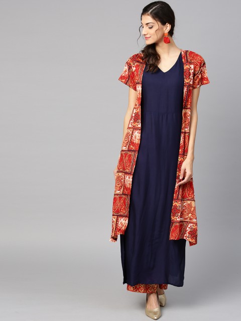 

Ives Women Navy Blue & Rust Brown Layered Printed A-Line Kurta