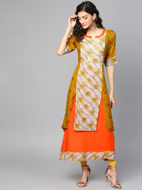 

Ives Women Mustard Brown & Orange Printed Layered A-Line Kurta