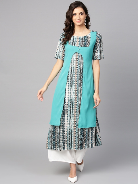 

Ives Women Blue & Black Printed Layered A-Line Kurta