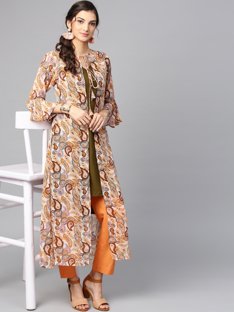 

Ives Women Off-White & Olive Green Layered Printed A-Line Kurta