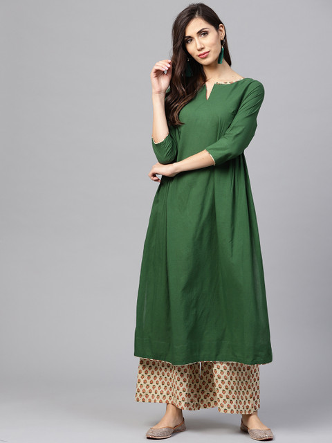 

Nayo Women Green & Beige Solid Kurta with Palazzos