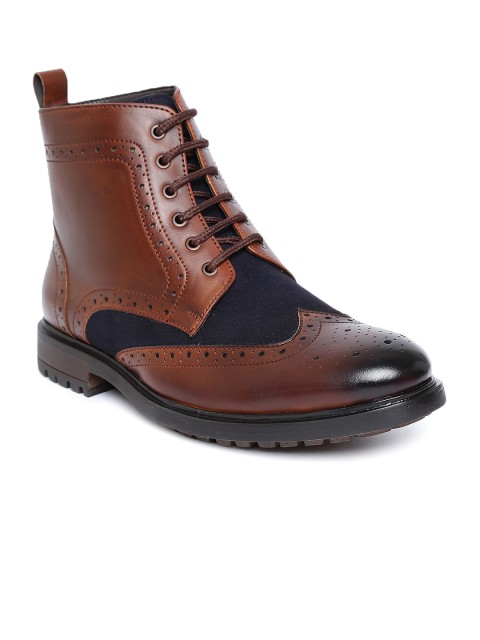 

San Frissco Men Brown & Navy Blue Colourblocked Flat Boots with Brogue Detail