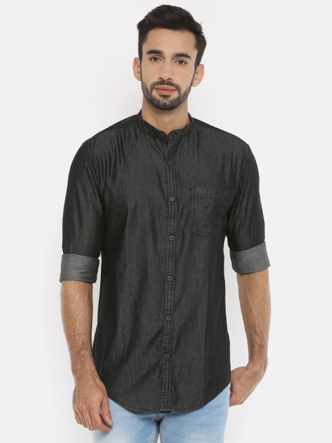 

Nature Casuals Men Black Slim Fit Solid Chambray Casual Shirt