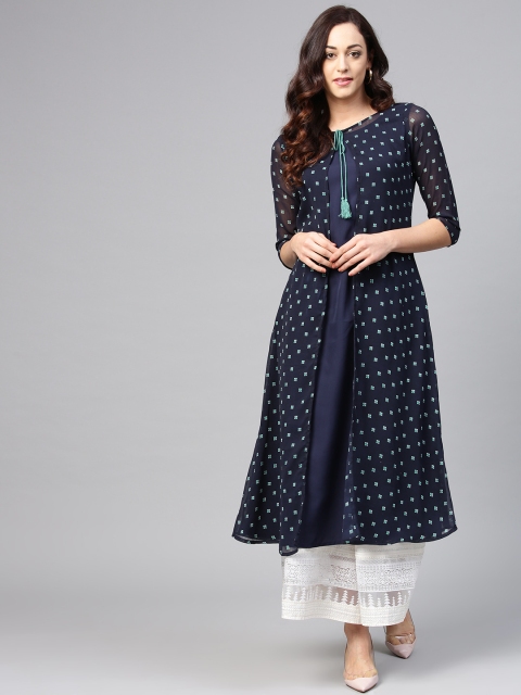 

Azira Women Navy Blue Printed Layered A-Line Kurta