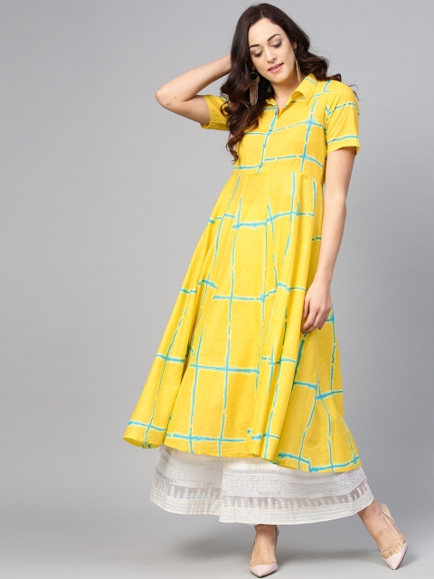 

Azira Women Yellow & Sea Green Checked A-Line Kurta
