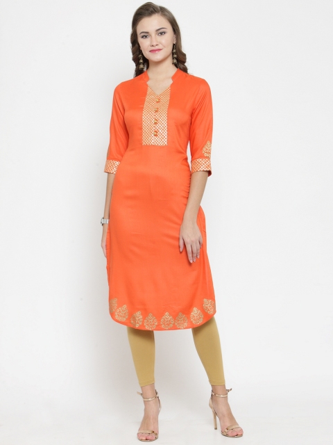 

Laabha Women Orange & Gold-Coloured Printed Straight Kurta