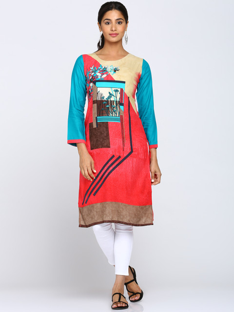 

Soch Women Coral Pink & Beige Colourblocked Straight Kurta