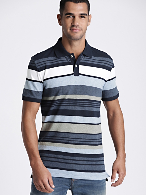 

GAP Men Navy Blue Striped Polo Collar T-shirt