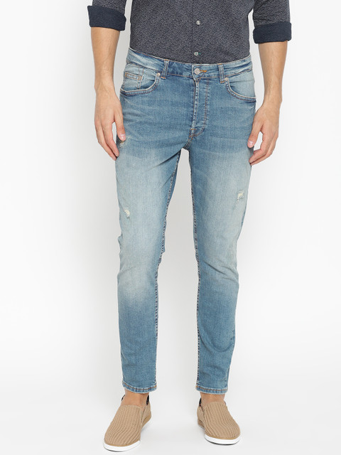 

ONLY & SONS Men Blue Carrot Fit Mid-Rise Low Distress Stretchable Jeans
