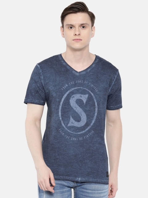 

ONLY & SONS Men Blue Printed V-Neck T-shirt