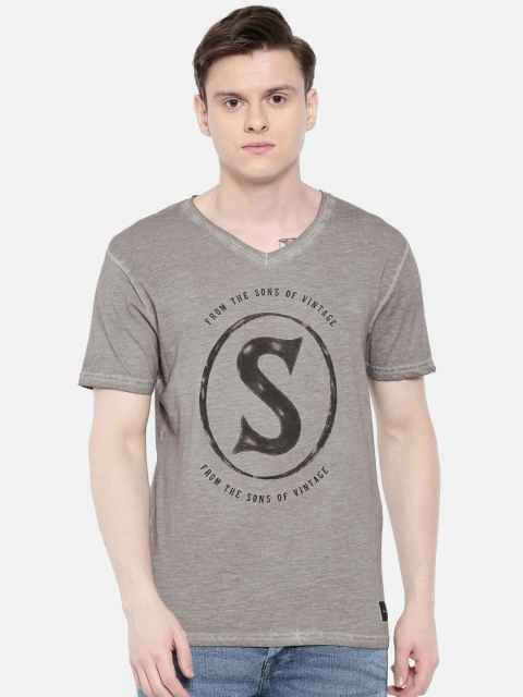 

ONLY & SONS Men Grey Printed V-Neck T-shirt