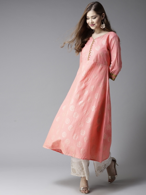 

HERE&NOW Women Coral Pink & Golden Printed A-Line Kurta