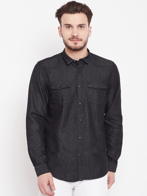

Blackberrys Men Black Sharp Slim Fit Solid Chambray Casual Shirt