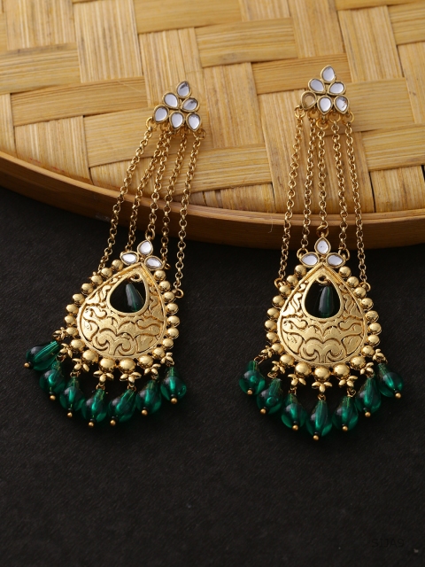 

Voylla Gold-Plated & Green Handcrafted Contemporary Drop Earrings