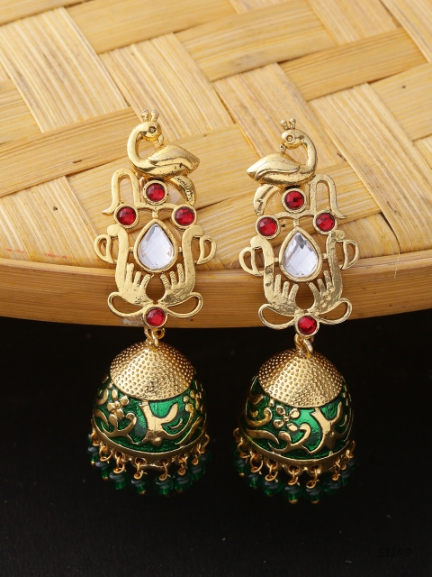 

Voylla Gold-Plated & Green Handcrafted Dome Shaped Jhumkas