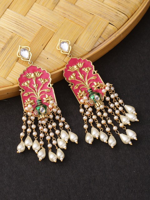 

Voylla Gold-Toned & Pink Classic Drop Earrings