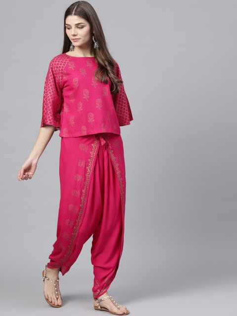 

Bitterlime Women Magenta Block Print Top with Dhoti Pants