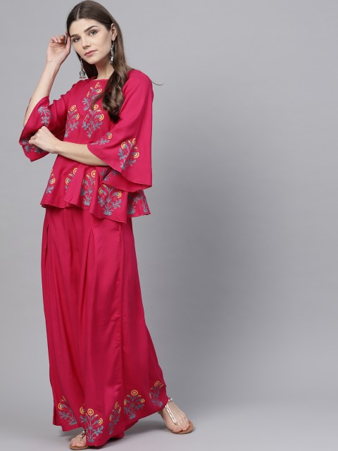 

Bitterlime Women Magenta Block Print Top with Palazzos