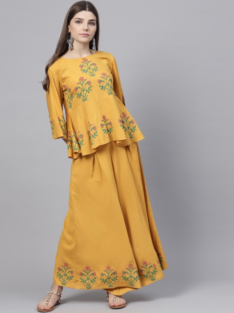 

Bitterlime Women Mustard Yellow Block Print Top with Palazzos