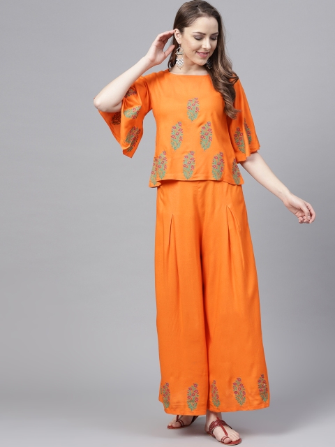 

Bitterlime Women Orange & Green Block Print Top with Palazzos