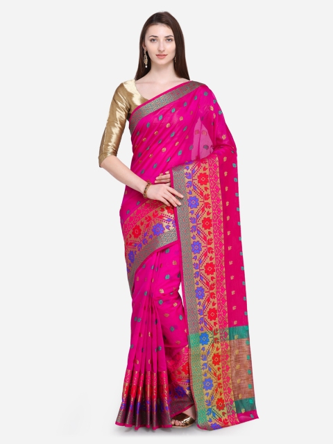 

Satrani Pink Silk Blend Woven Design Chanderi Saree
