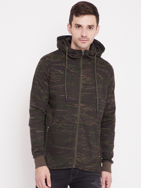 

PUNK Men Olive Green & Khaki Printed Hooded Sweatshirt