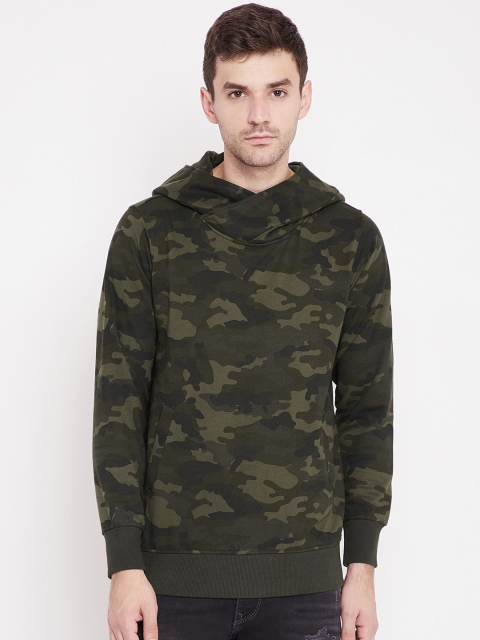 

PUNK Men Olive Green & Khaki Printed Hooded Sweatshirt