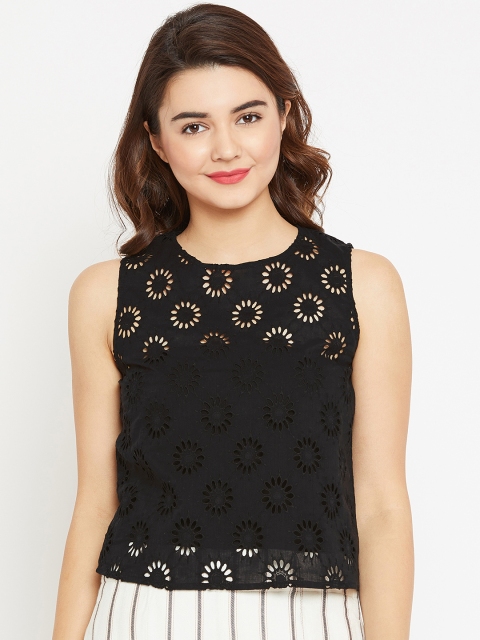 

I AM FOR YOU Women Black Schiffli Embroidered Top