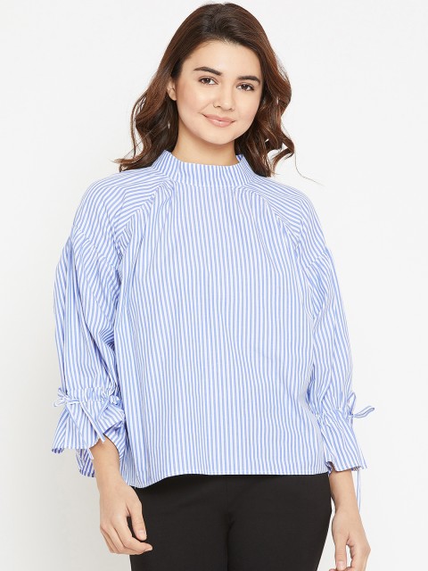 

I AM FOR YOU Women Blue & White Striped Pure Cotton Top