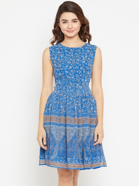 

I AM FOR YOU Women Blue Printed Fit and Flare Dress