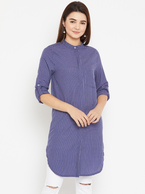 

I AM FOR YOU Women Blue & White Regular Fit Checked Longline Casual Shirt