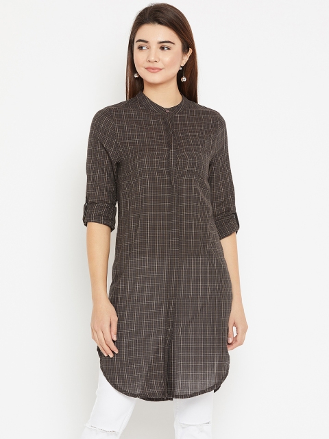

I AM FOR YOU Women Brown Regular Fit Checked Casual Longline Shirt