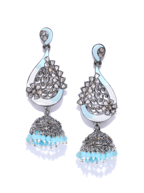 

Priyaasi Gunmetal-Toned & Blue Rhodium Plated Stone-Studded Enamelled Dome Shaped Jhumkas, Metallic