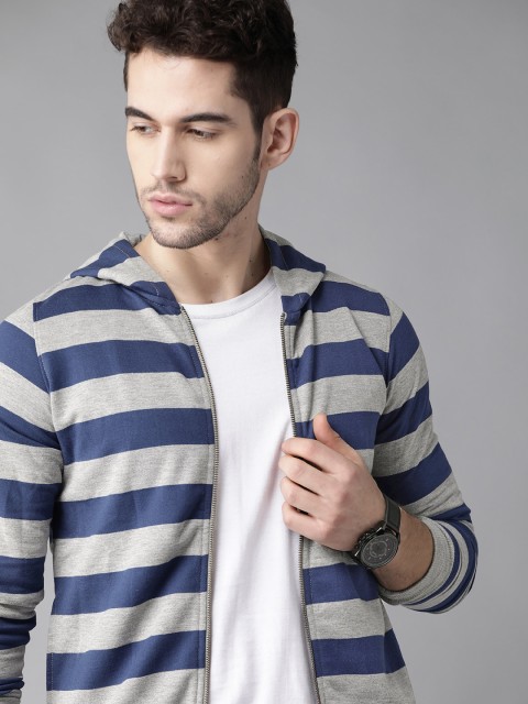 

Roadster Men Blue & Grey Melange Striped Hooded Sweatshirt