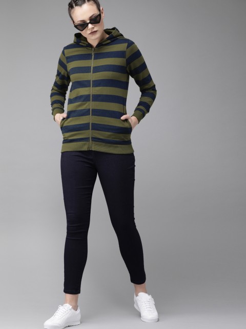 

Roadster Women Olive Green & Navy Blue Striped Hooded Sweatshirt