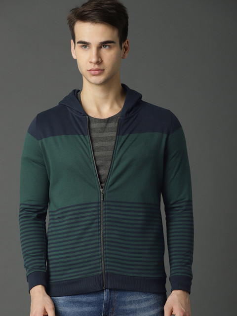 

Roadster Men Navy Blue & Green Striped Hooded Sweatshirt