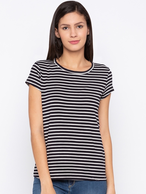 

Globus Women Navy Blue & White Striped Pure Cotton Top