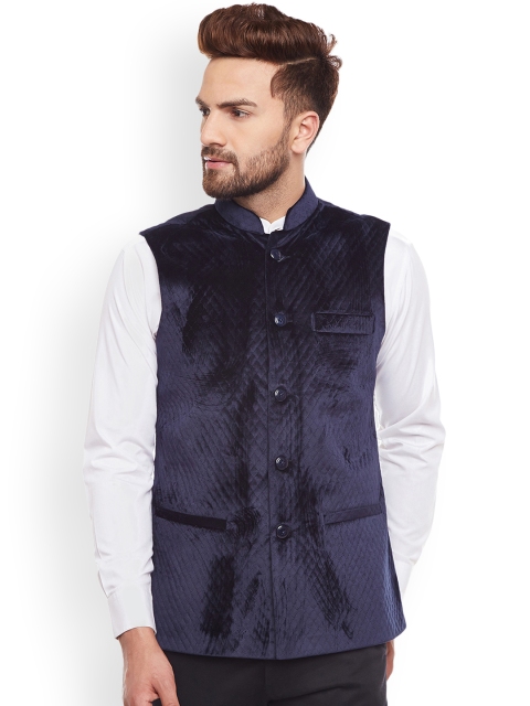 

Hancock Men Navy Blue Self Design Nehru Jacket