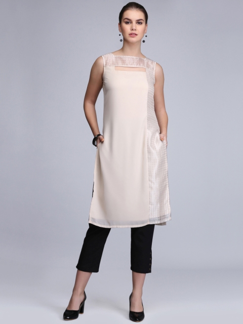 

Ojjasvi Women Cream-Coloured Checked Straight Kurta