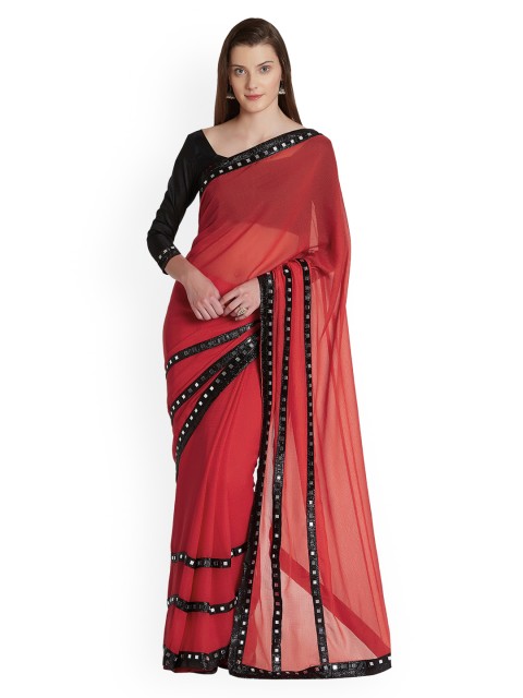 

Mirchi Fashion Red & Black Poly Chiffon Solid Saree