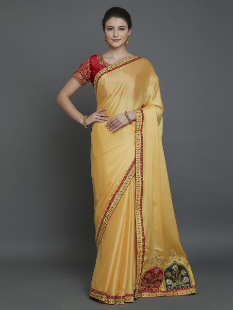 

Mitera Yellow & Red Silk Blend Solid Banarasi Saree