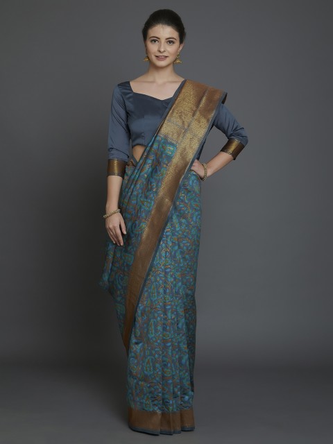 

Mitera Grey & Teal Silk Blend Printed Banarasi Saree