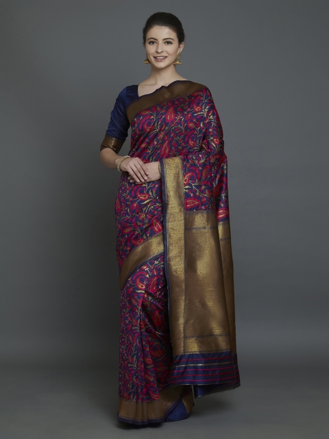 

Mitera Navy Blue & Pink Silk Blend Printed Banarasi Saree