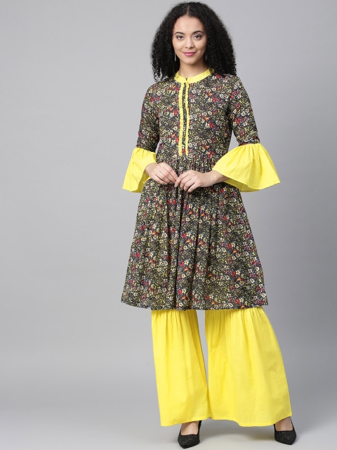 

La Firangi Women Black & Yellow Printed Kurta with Sharara