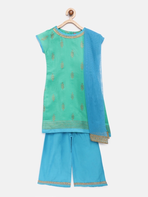 

Ethnicity Girls Sea Green & Gold-Coloured Printed Kurta with Palazzos & Dupatta