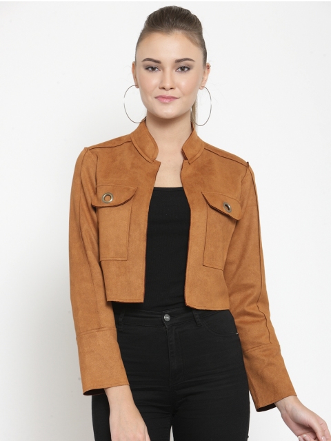 

Latin Quarters Women Camel Brown Solid Cropped Open Front Jacket