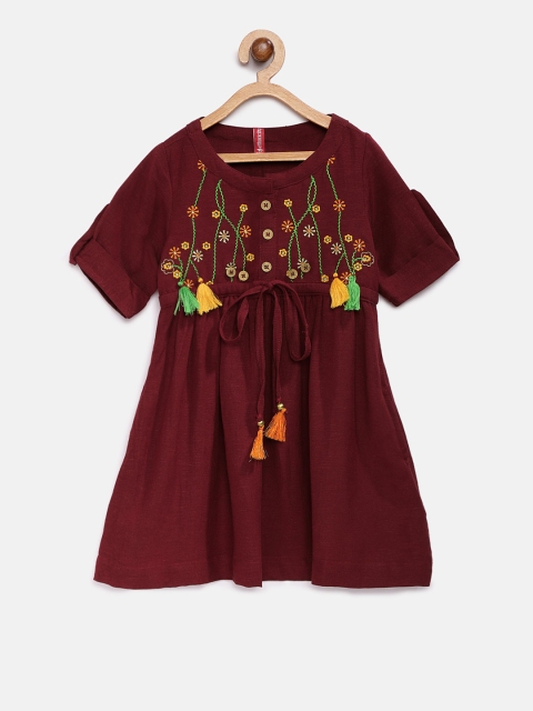 

Ethnicity Girls Maroon Embroidered Fit and Flare Dress